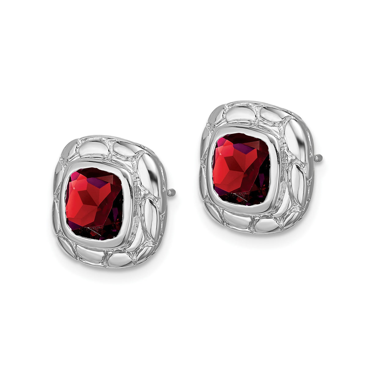 Sterling Silver Stud Earrings with Cushion Cut Garnet in Textured Bezel Setting
