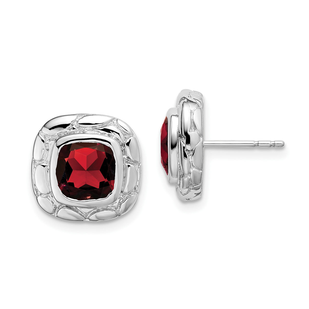 Sterling Silver Stud Earrings with Cushion Cut Garnet in Textured Bezel Setting