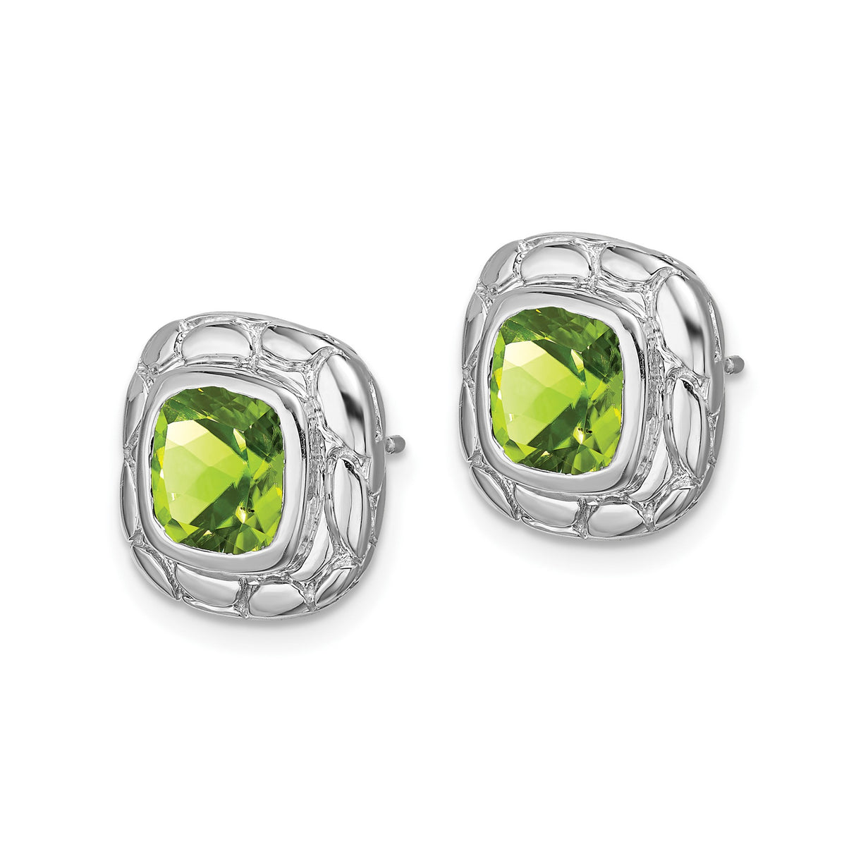 Sterling Silver Peridot Stud Earrings with Textured Organic Frame, Nature-Inspired Design for Women