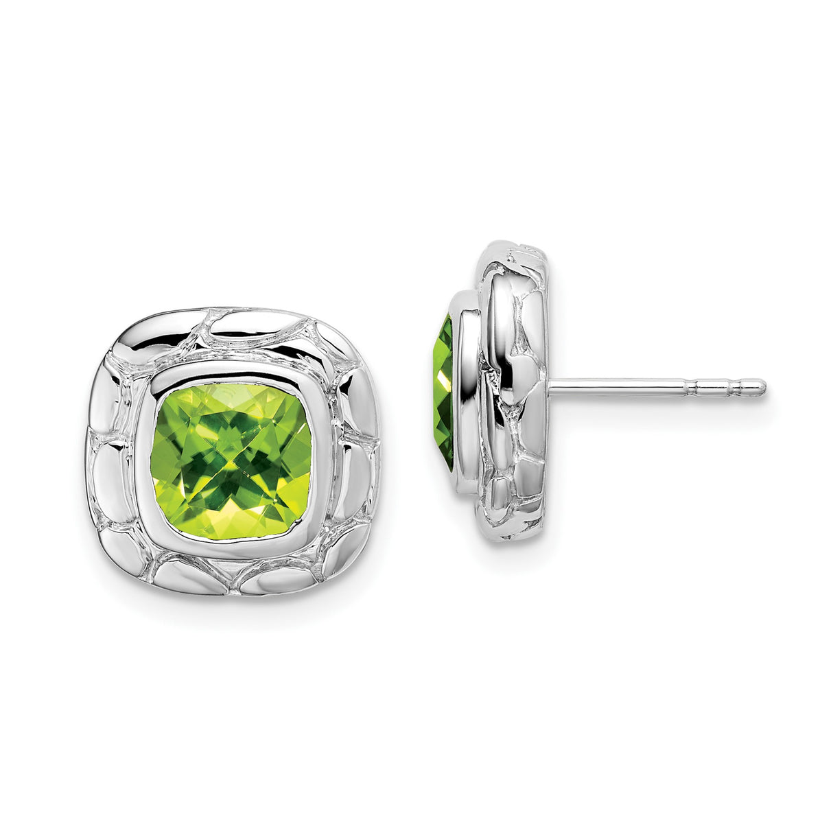 Sterling Silver Peridot Stud Earrings with Textured Organic Frame, Nature-Inspired Design for Women