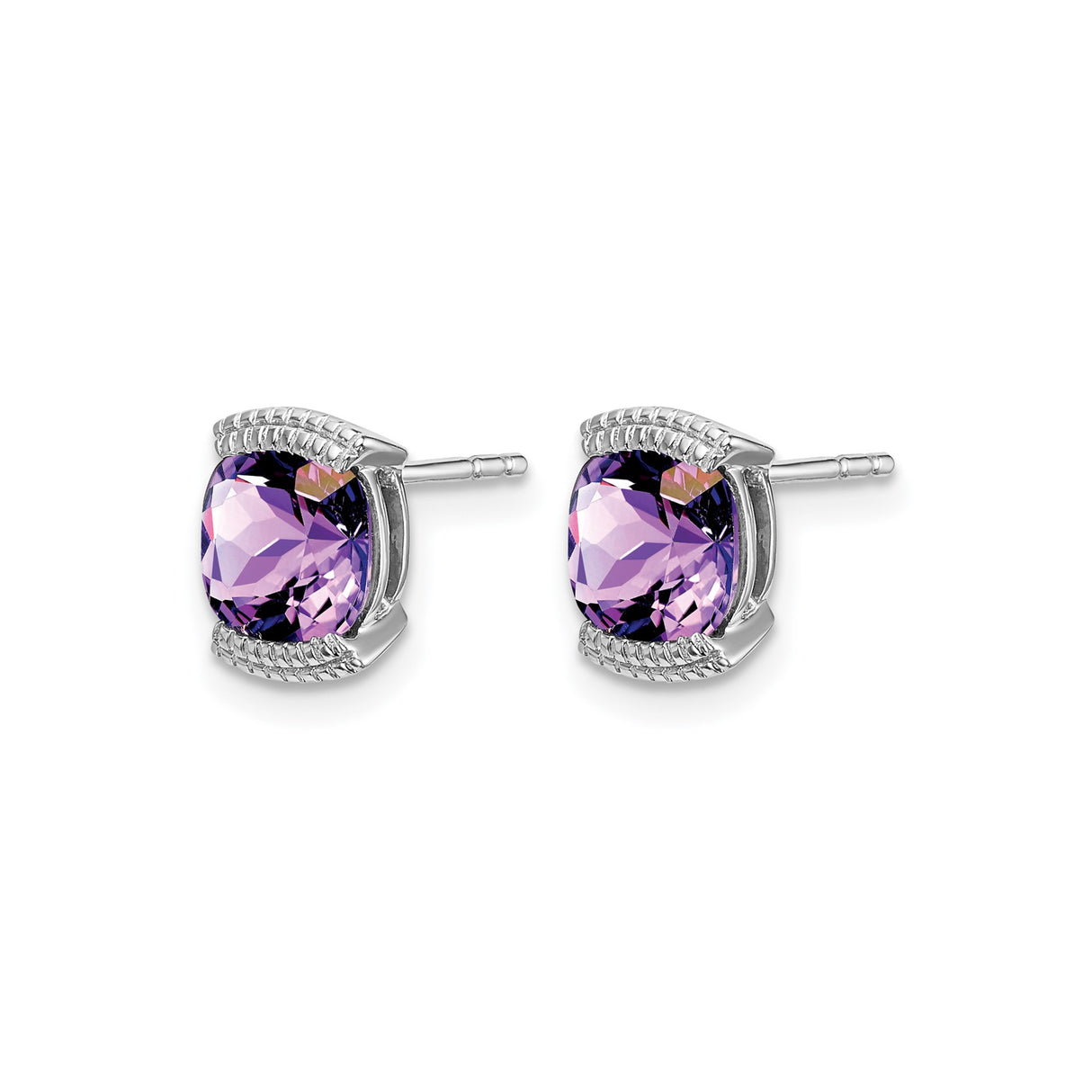 14k White Gold Amethyst Stud Earrings, Cushion Cut Basket Setting, Womens Fine Jewelry