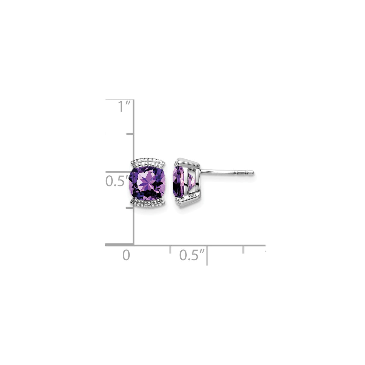 14k White Gold Amethyst Stud Earrings, Cushion Cut Basket Setting, Womens Fine Jewelry
