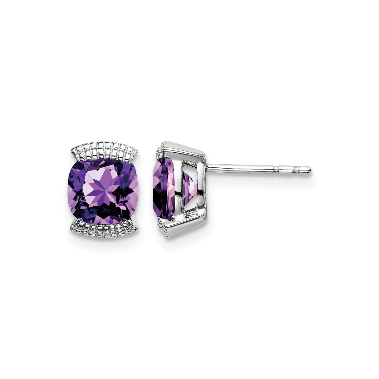 14k White Gold Amethyst Stud Earrings, Cushion Cut Basket Setting, Womens Fine Jewelry