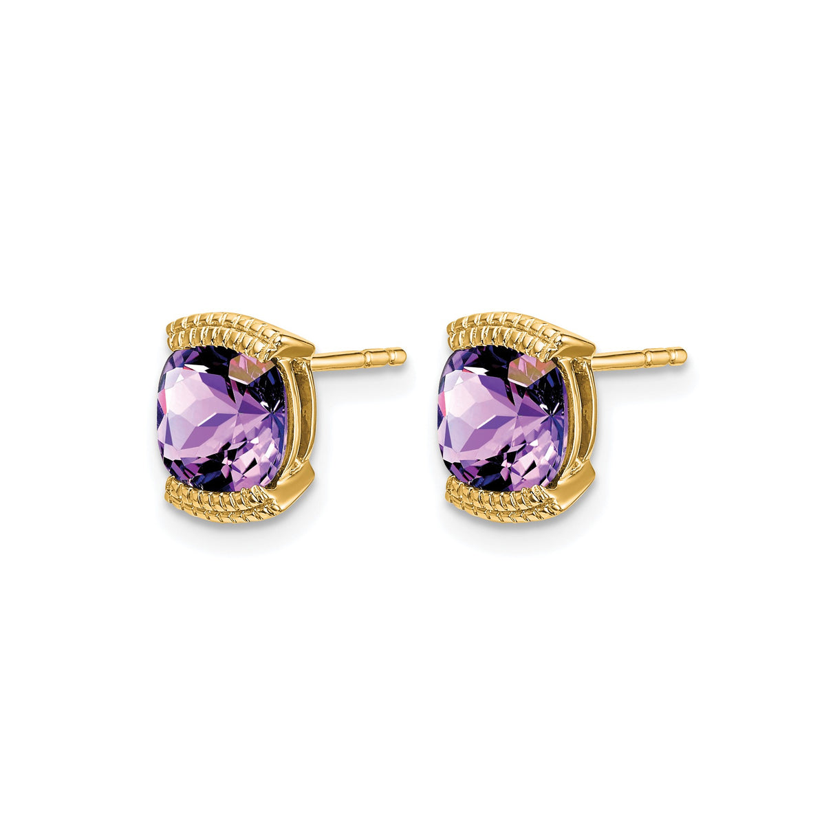 14k Yellow Gold Stud Earrings with Cushion Cut Amethyst and Decorative Accents