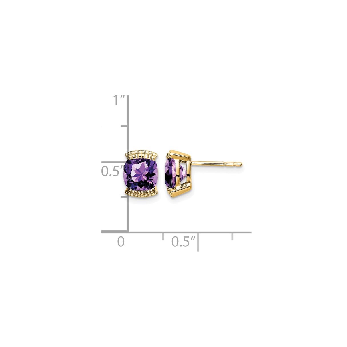 14k Yellow Gold Stud Earrings with Cushion Cut Amethyst and Decorative Accents