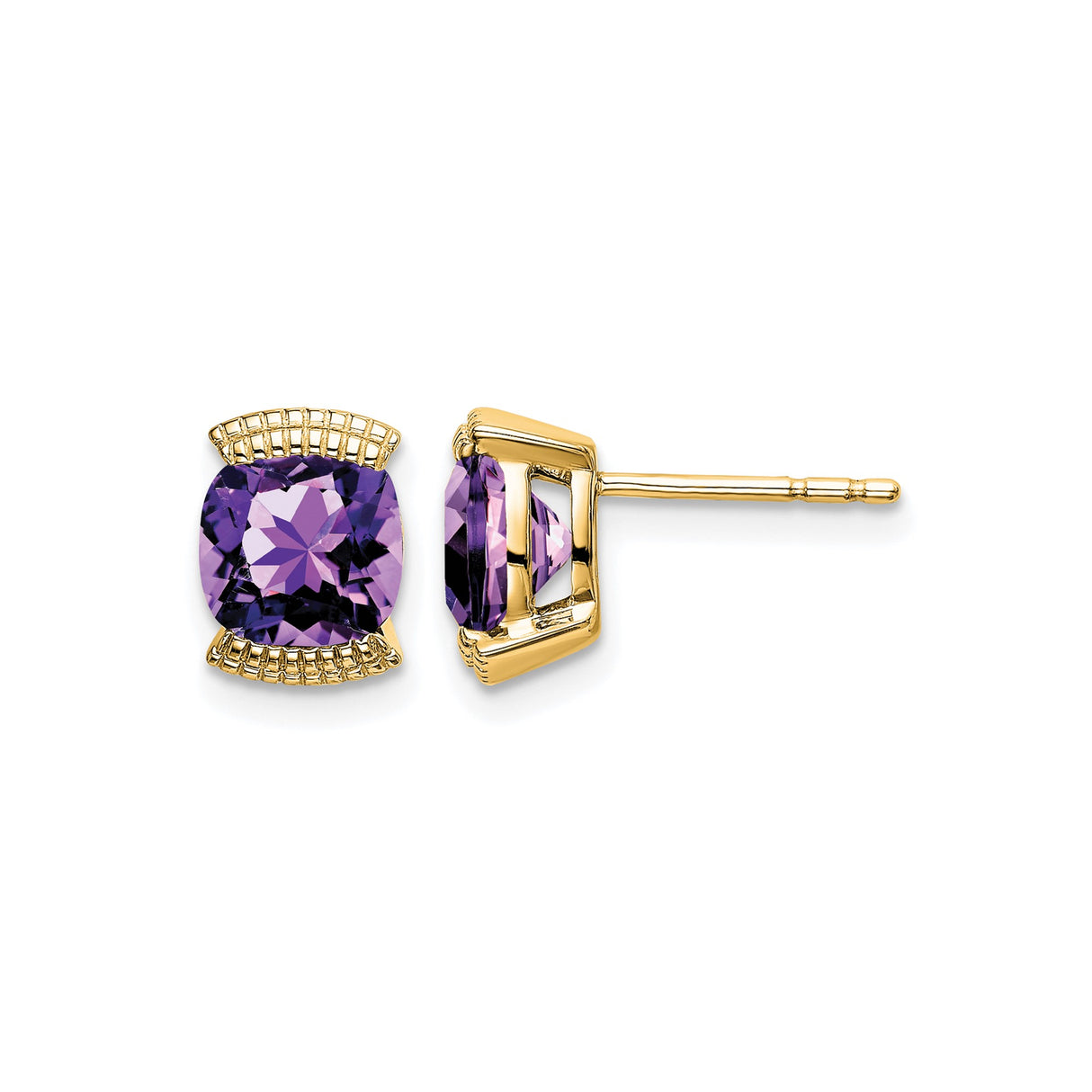 14k Yellow Gold Stud Earrings with Cushion Cut Amethyst and Decorative Accents