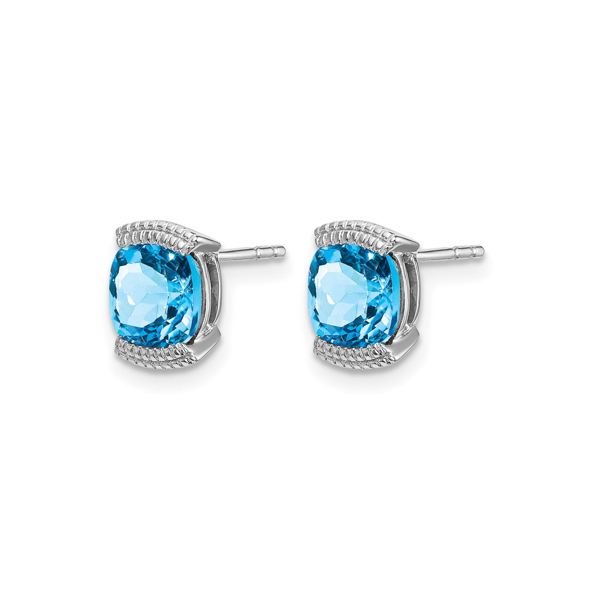 14k White Gold Blue Topaz Cushion Cut Stud Earrings with Lattice Design