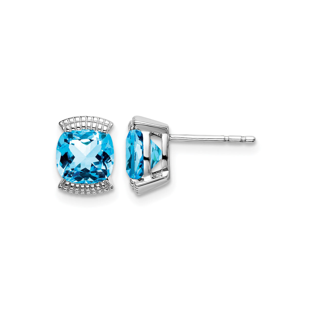14k White Gold Blue Topaz Cushion Cut Stud Earrings with Lattice Design