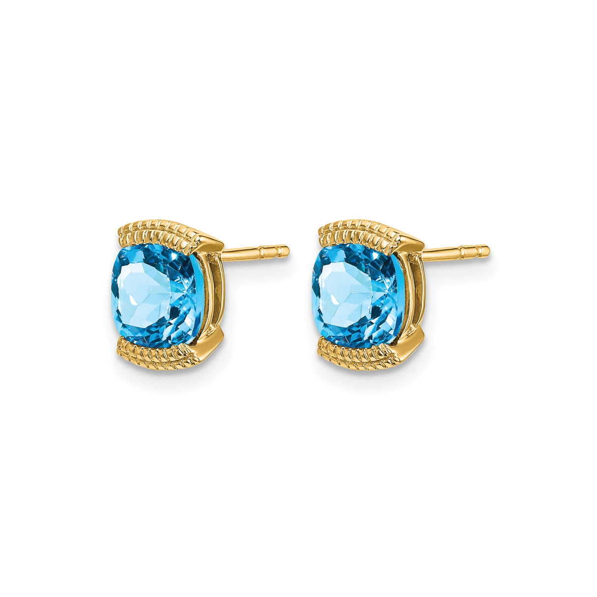 14k Yellow Gold Stud Earrings with Cushion Cut Swiss Blue Topaz, Scrollwork Design
