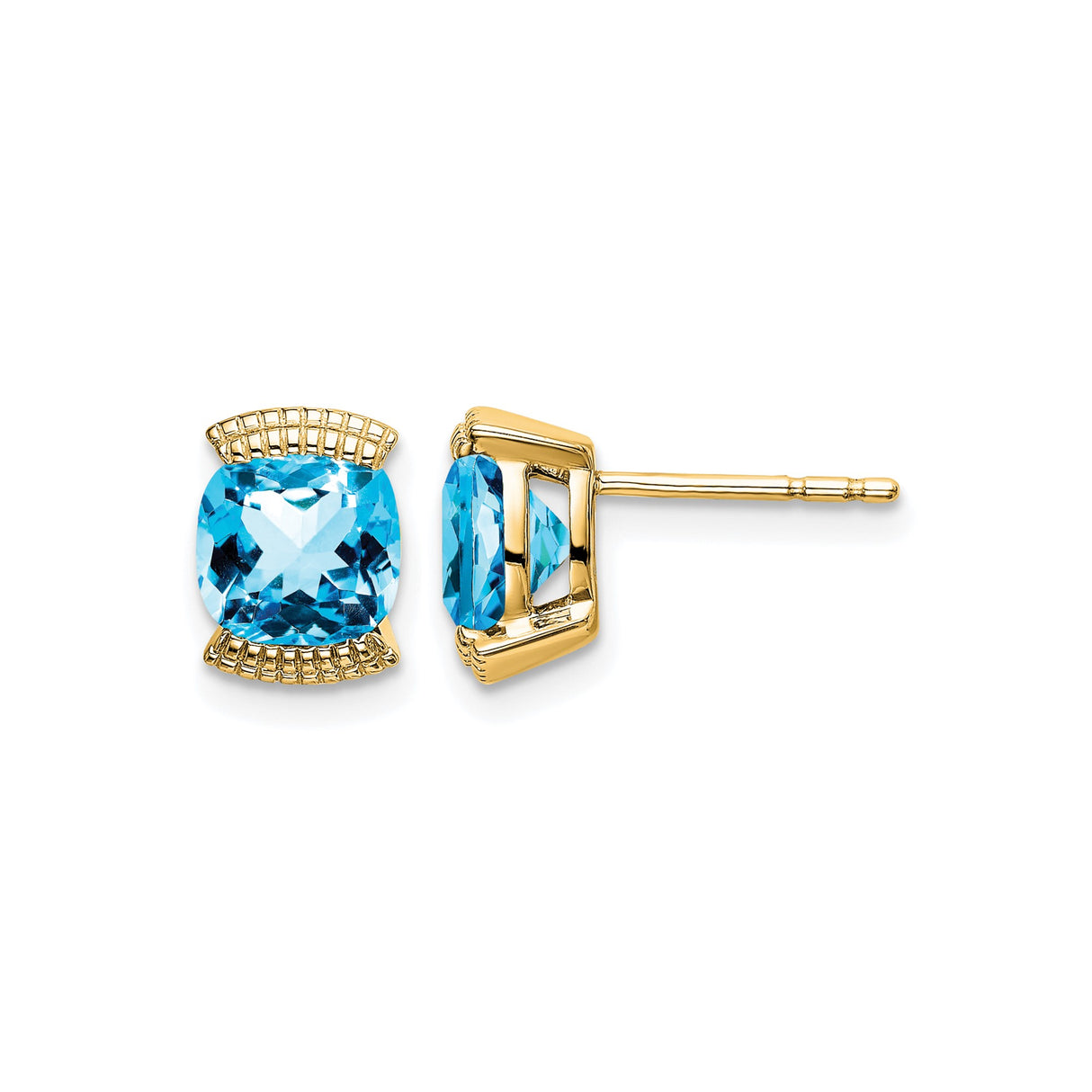 14k Yellow Gold Stud Earrings with Cushion Cut Swiss Blue Topaz, Scrollwork Design