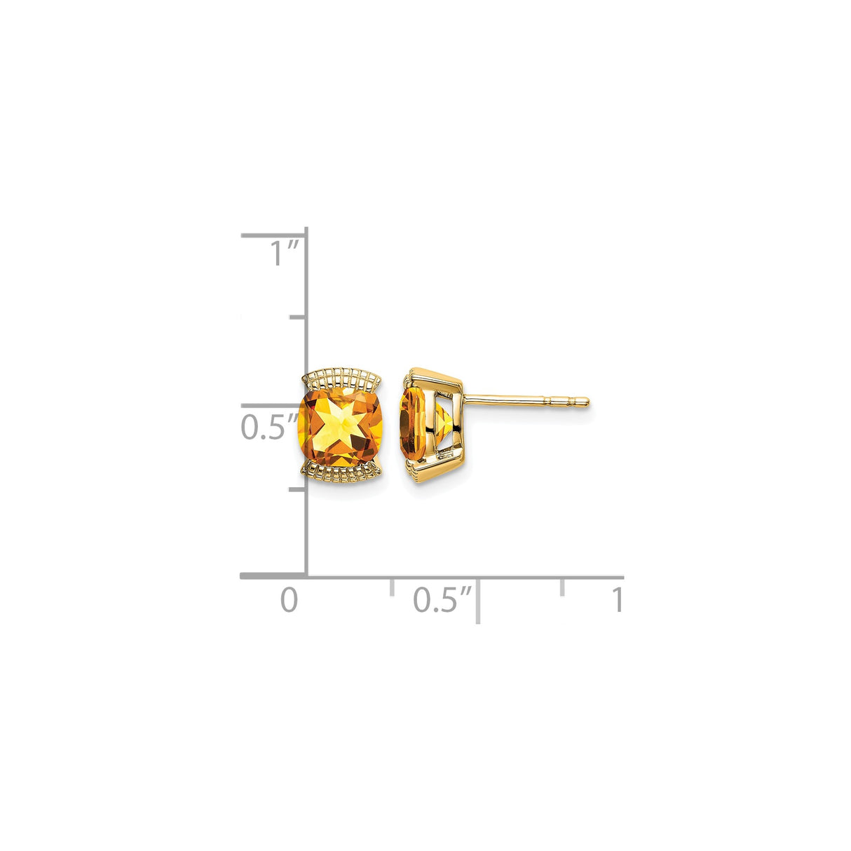 14k Yellow Gold Cushion Cut Citrine Stud Earrings with Decorative Grid Detailing