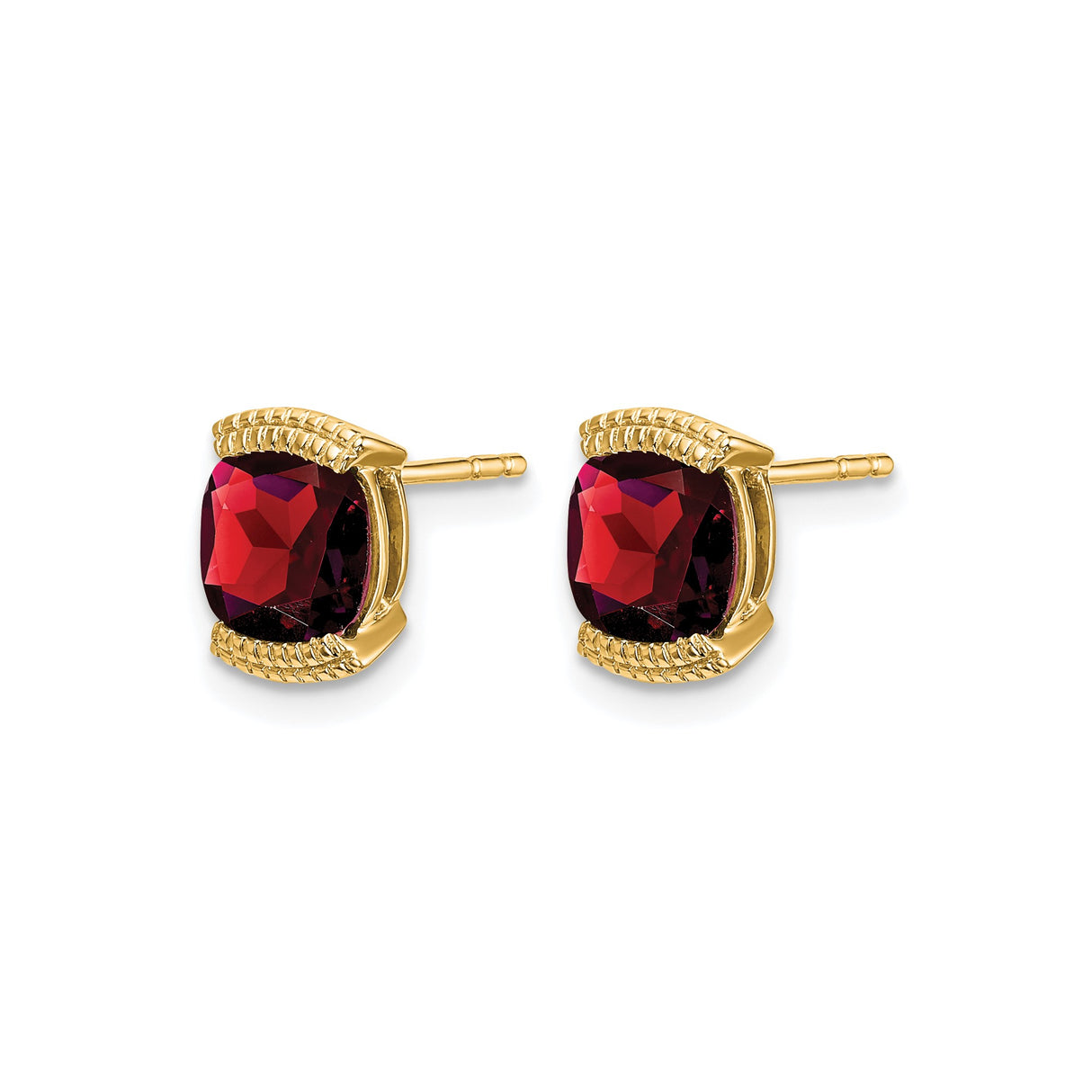 14k Yellow Gold Stud Earrings with Cushion Cut Garnet, Grid Design, January Birthstone