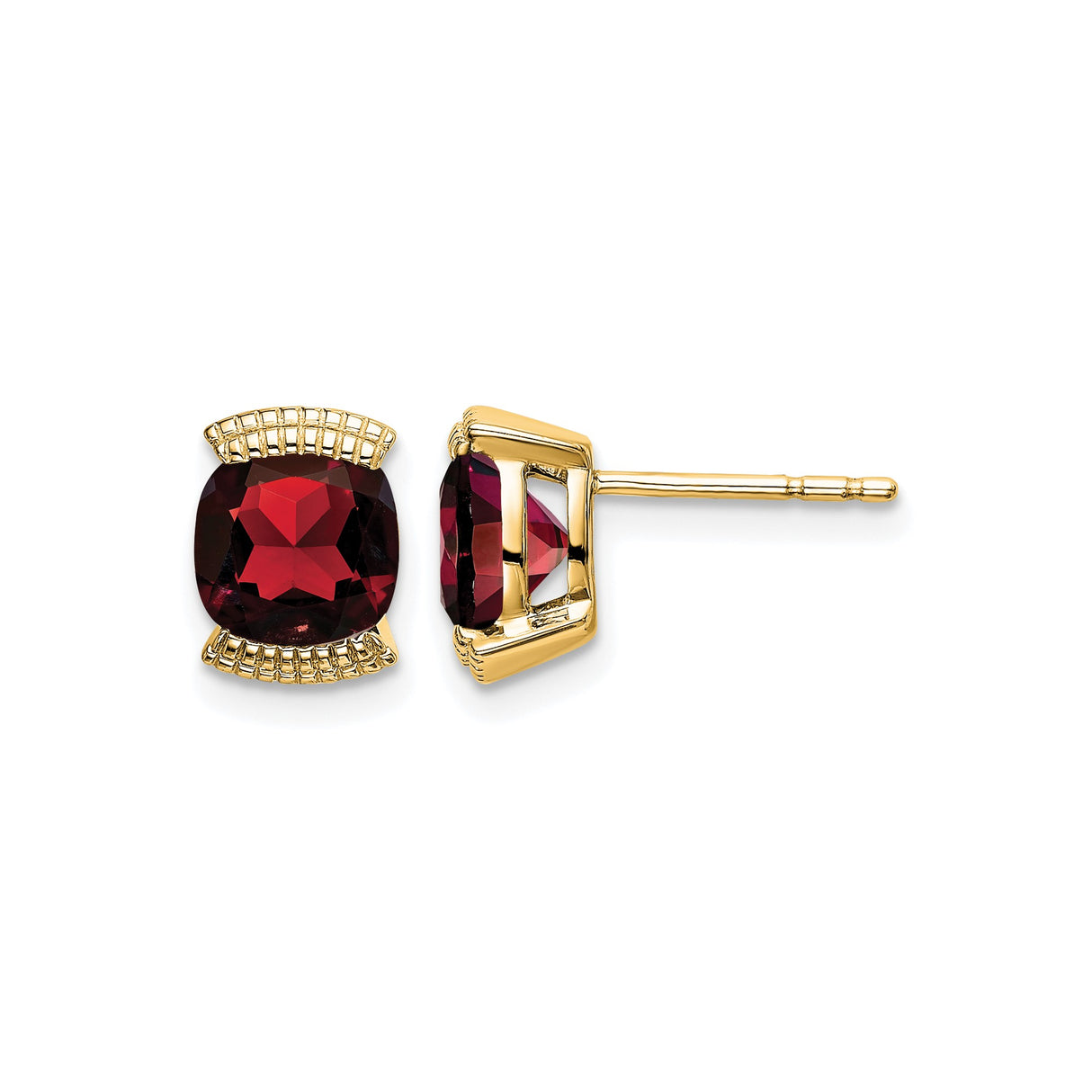 14k Yellow Gold Stud Earrings with Cushion Cut Garnet, Grid Design, January Birthstone