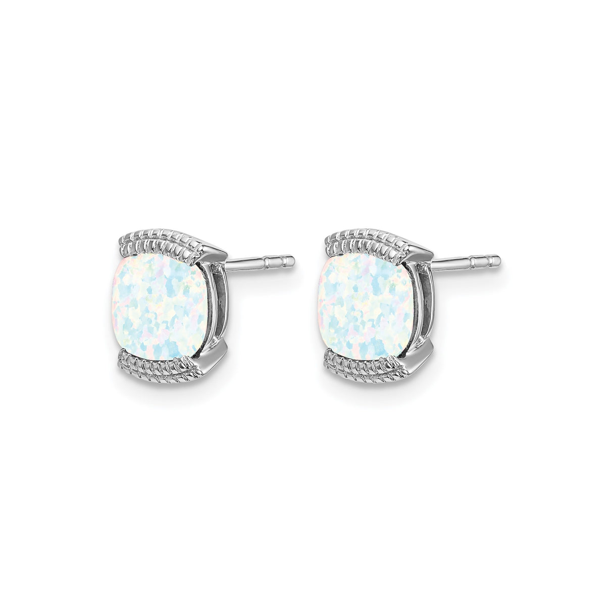 14k White Gold Opal Stud Earrings, Cushion Cut with Decorative Accents, Minimalist Style for Women