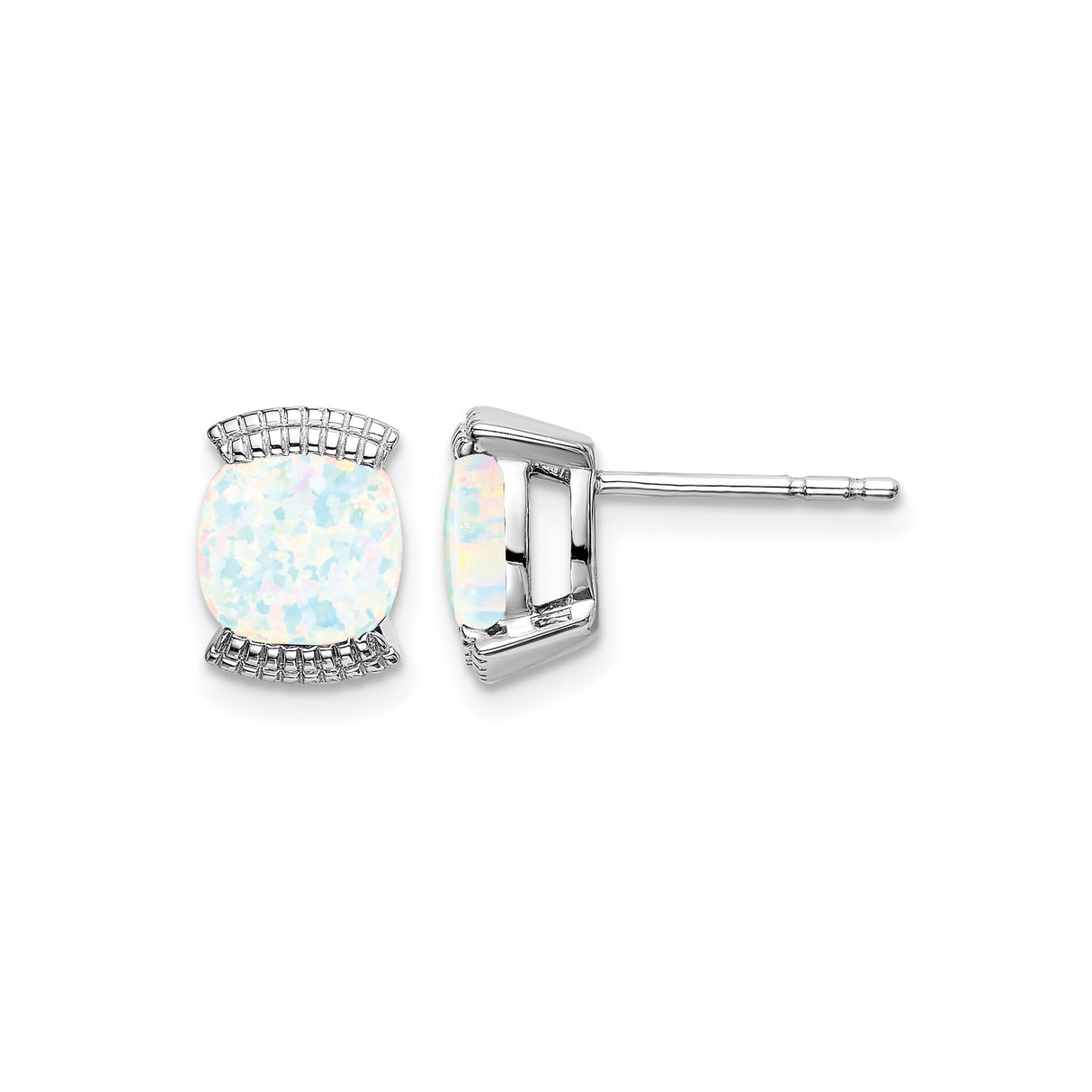 14k White Gold Opal Stud Earrings, Cushion Cut with Decorative Accents, Minimalist Style for Women