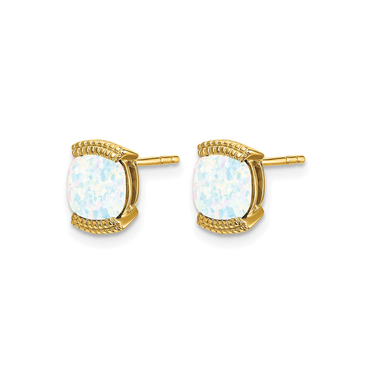 14k Yellow Gold Opal Stud Earrings, Cushion Cut with Decorative Lattice Design for Women