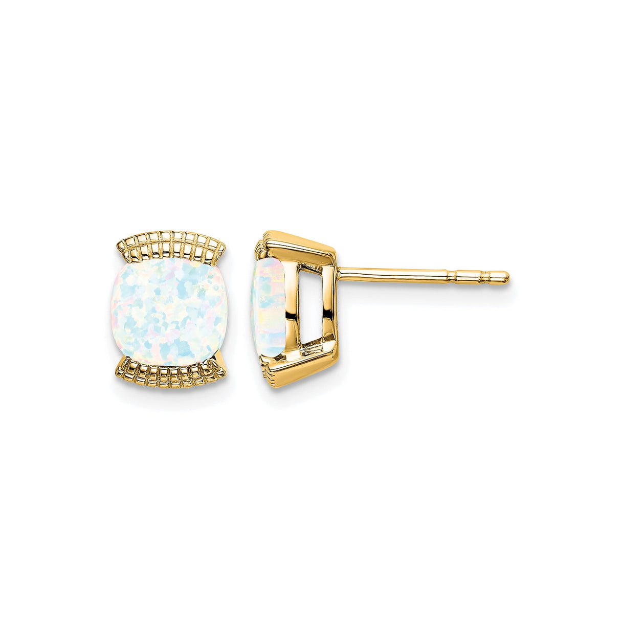 14k Yellow Gold Opal Stud Earrings, Cushion Cut with Decorative Lattice Design for Women
