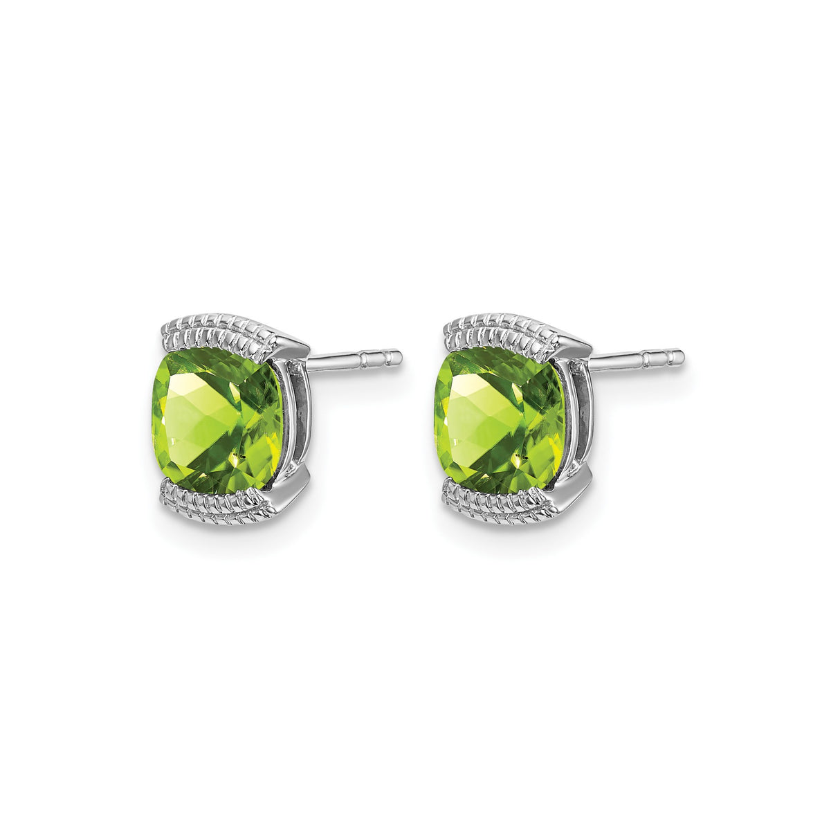 14k White Gold Peridot Stud Earrings, Cushion Cut Decorative Basket Setting