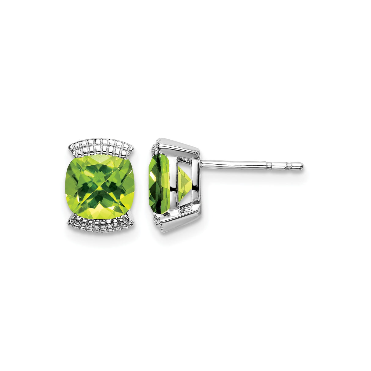 14k White Gold Peridot Stud Earrings, Cushion Cut Decorative Basket Setting