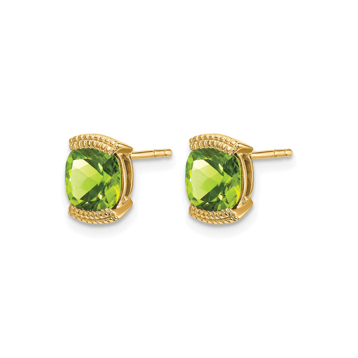 14k Yellow Gold Peridot Stud Earrings with Lattice Setting, Cushion Cut Design for Women