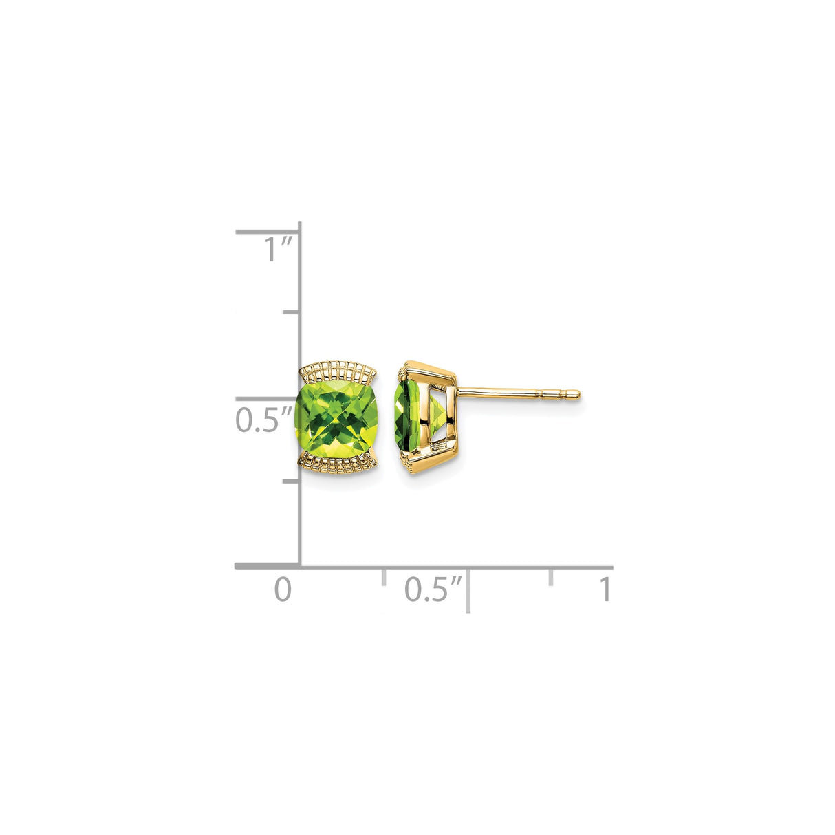 14k Yellow Gold Peridot Stud Earrings with Lattice Setting, Cushion Cut Design for Women
