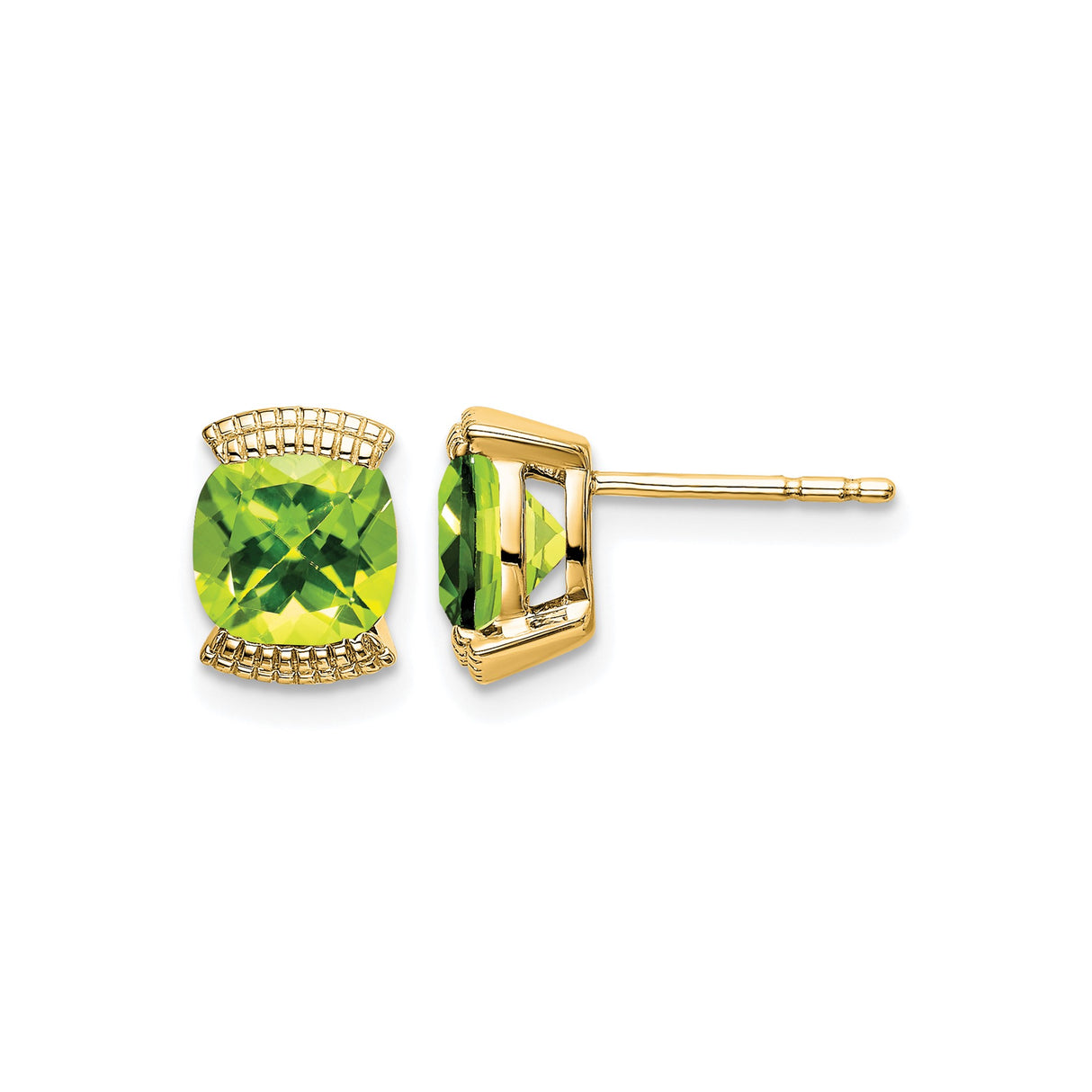 14k Yellow Gold Peridot Stud Earrings with Lattice Setting, Cushion Cut Design for Women
