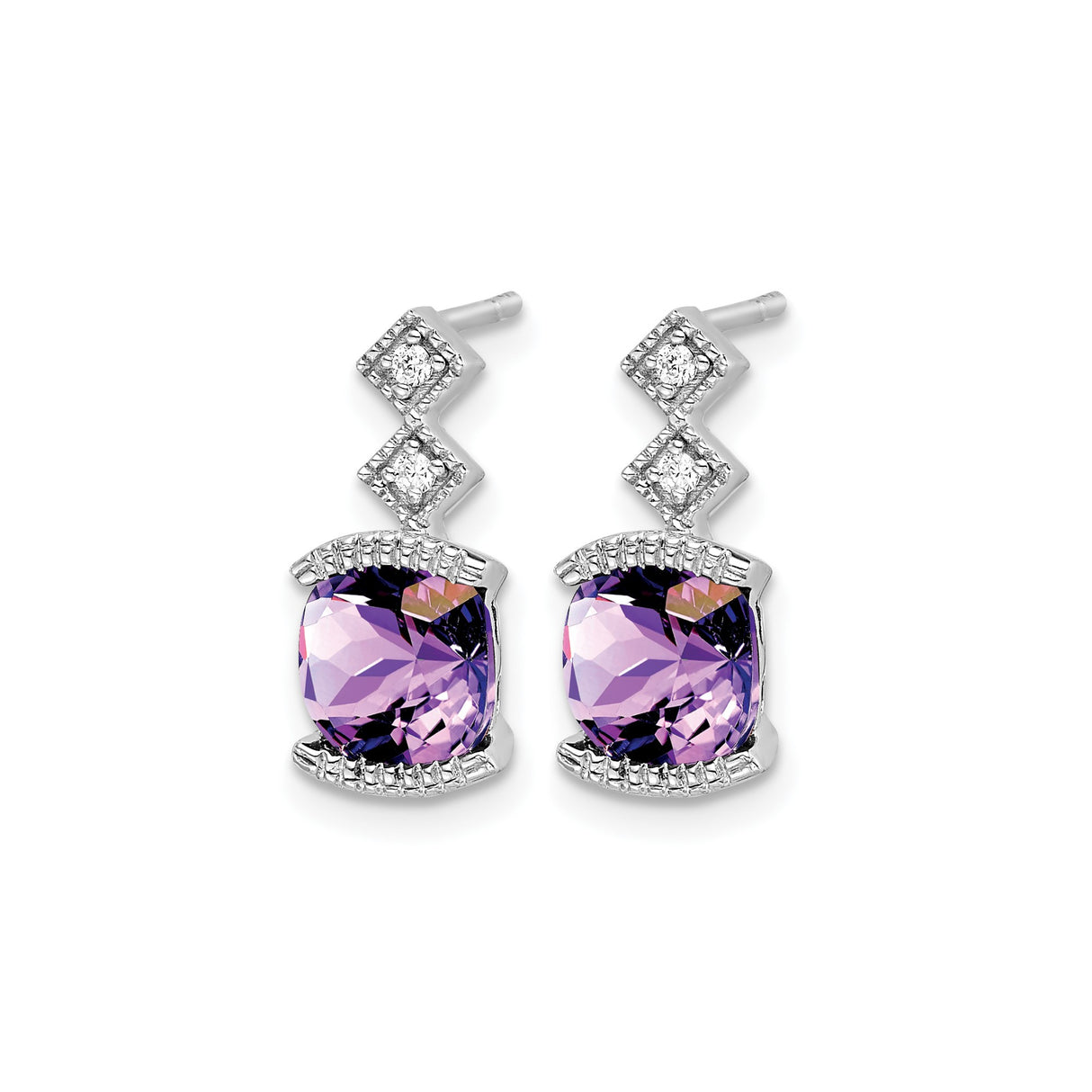 14k White Gold Dangle Earrings with Cushion Cut Amethyst and Diamond Accents, Geometric Drop Design