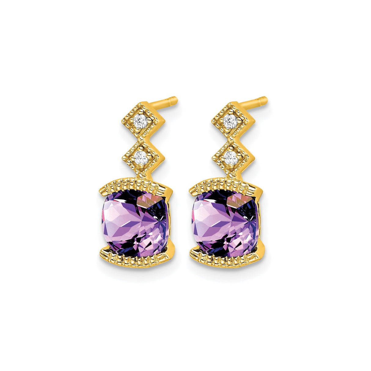 14k Yellow Gold Stud Earrings with Purple Amethyst and Diamond Accents, Geometric Motif
