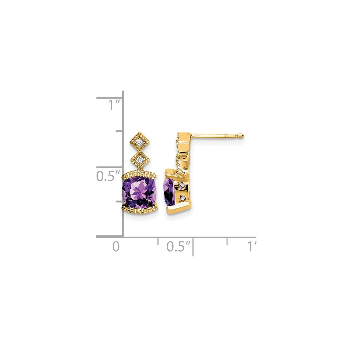 14k Yellow Gold Stud Earrings with Purple Amethyst and Diamond Accents, Geometric Motif