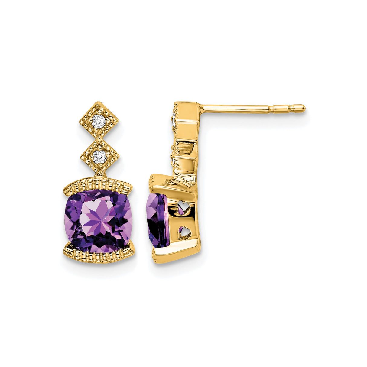 14k Yellow Gold Stud Earrings with Purple Amethyst and Diamond Accents, Geometric Motif
