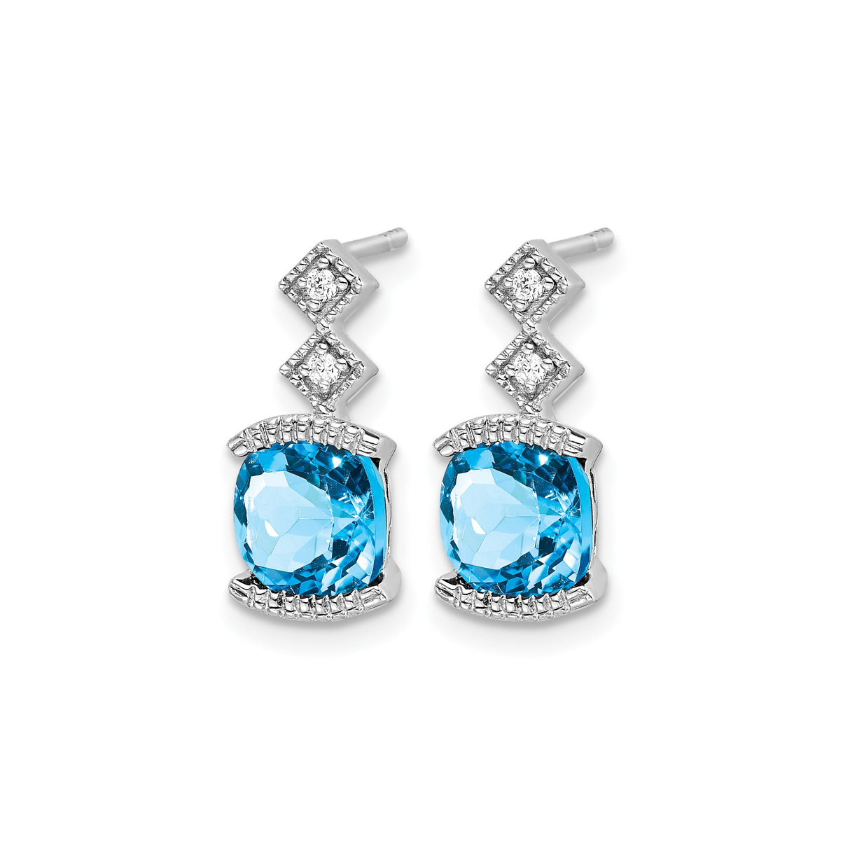 14k White Gold Dangle Earrings with Swiss Blue Topaz and Diamond Accents, Geometric Design
