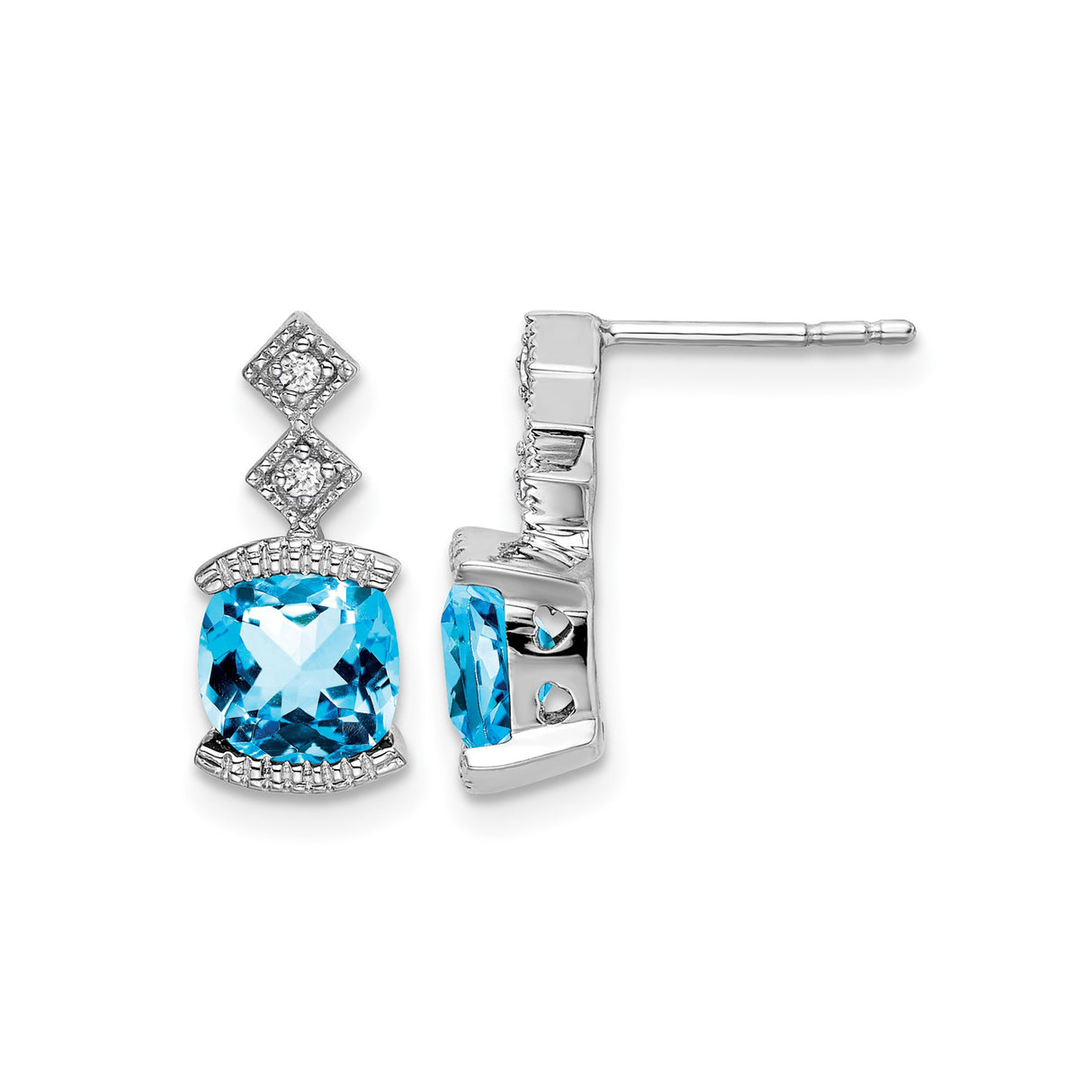 14k White Gold Dangle Earrings with Swiss Blue Topaz and Diamond Accents, Geometric Design
