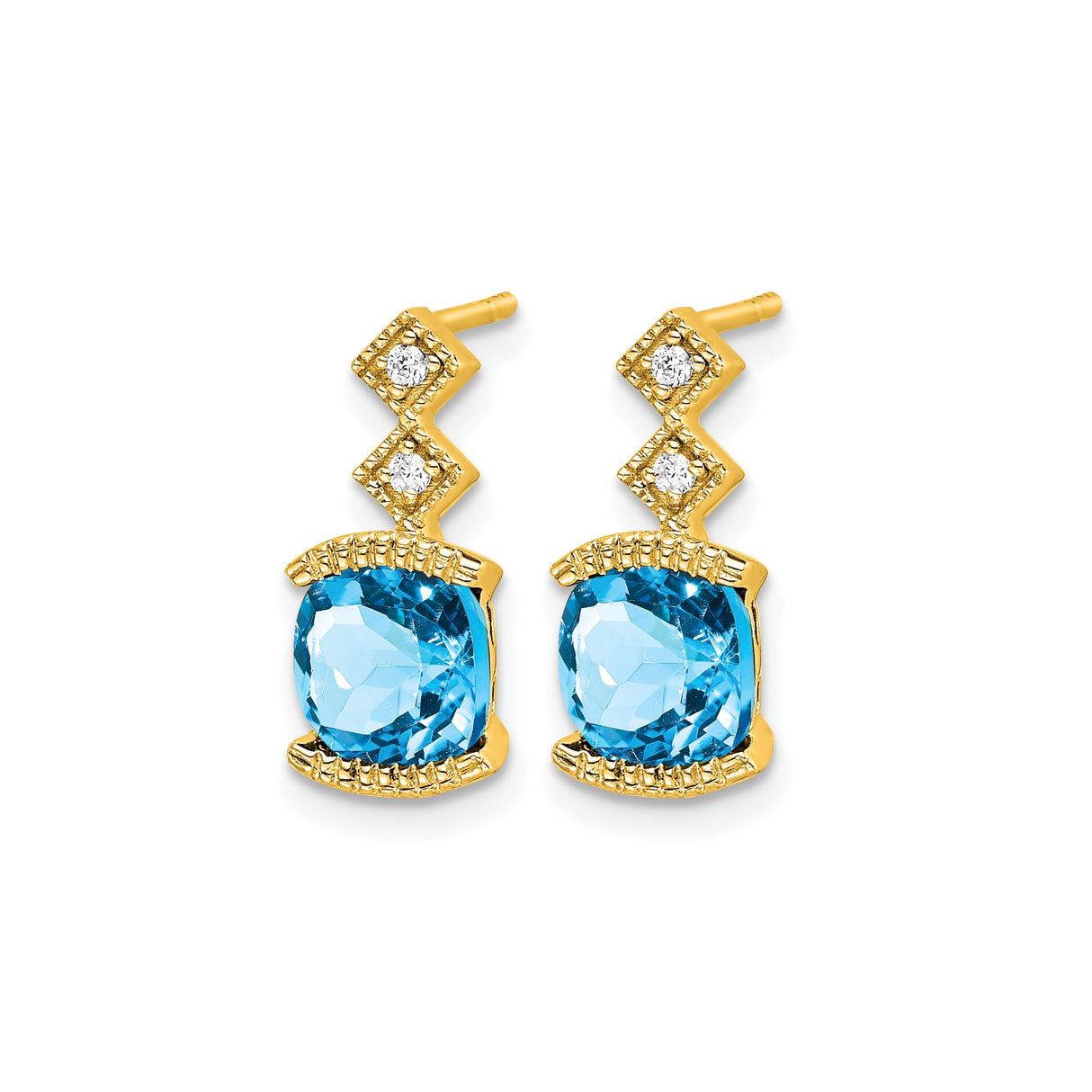 14k Yellow Gold Dangle Earrings with Swiss Blue Topaz and Diamond Accent, Geometric Drop Design
