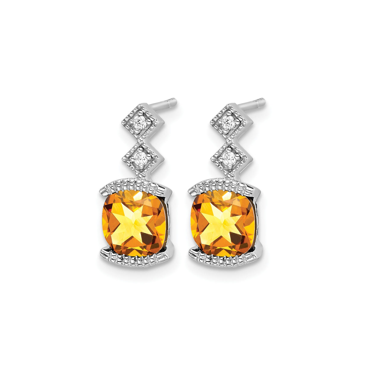 14k White Gold Dangle Earrings with Cushion Cut Citrine and Diamond Accents, Geometric Drop Design