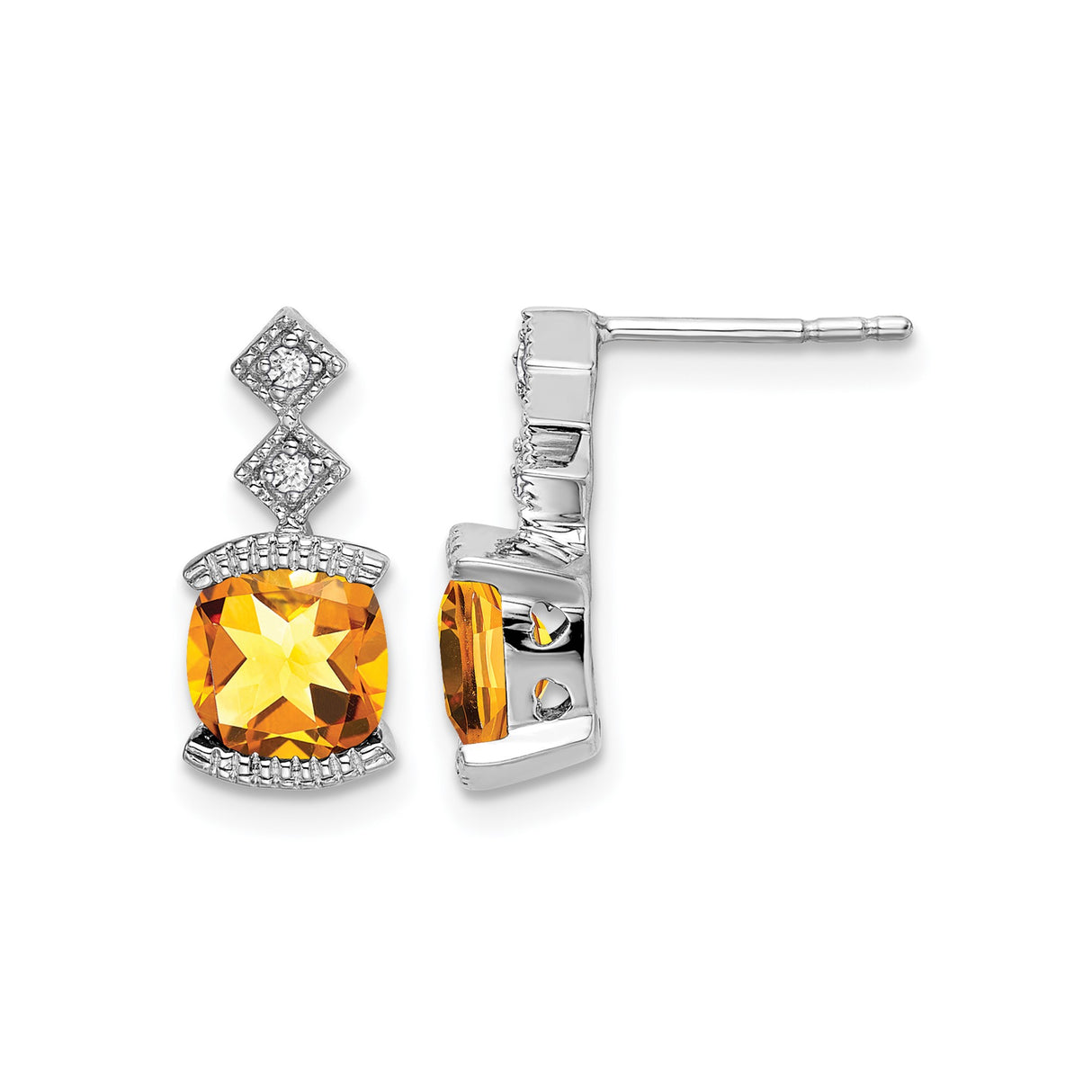 14k White Gold Dangle Earrings with Cushion Cut Citrine and Diamond Accents, Geometric Drop Design