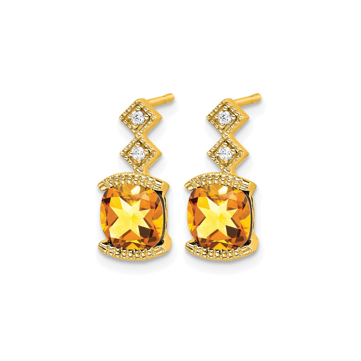 14k Yellow Gold Dangle Earrings with Cushion Cut Citrine and Diamond Accents in Geometric Style