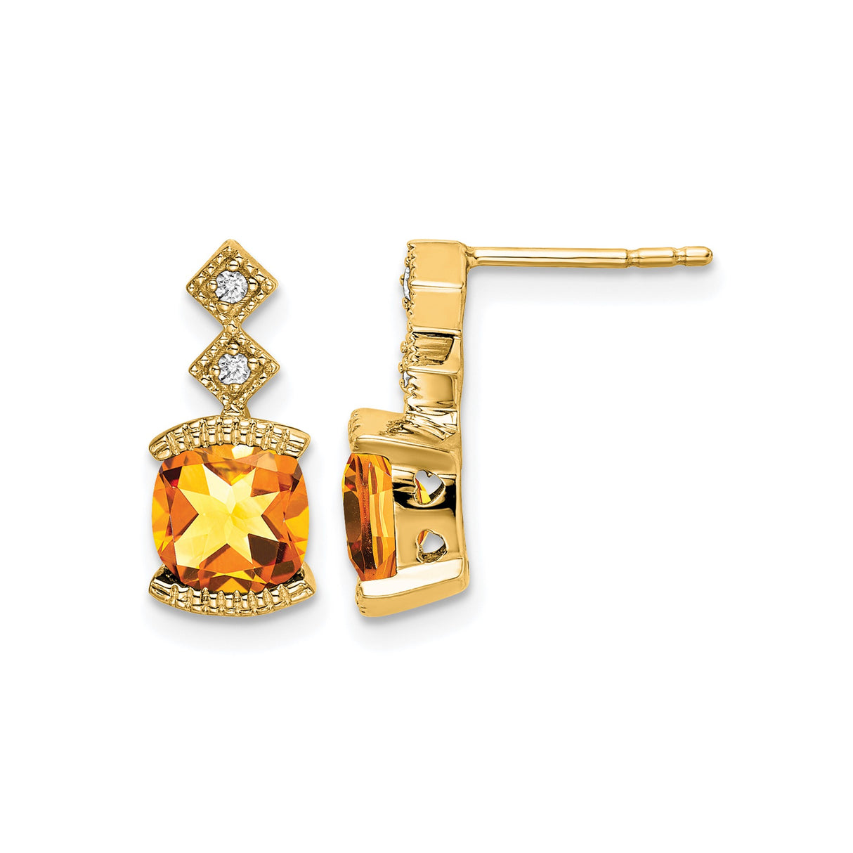 14k Yellow Gold Dangle Earrings with Cushion Cut Citrine and Diamond Accents in Geometric Style