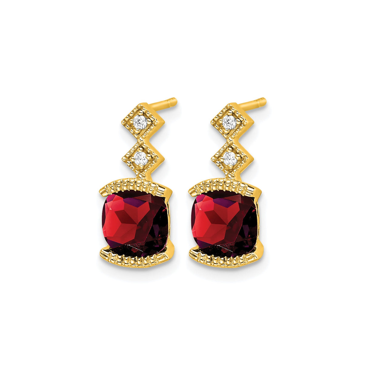 14k Yellow Gold Dangle Earrings with Cushion Cut Garnet and Diamond Accents