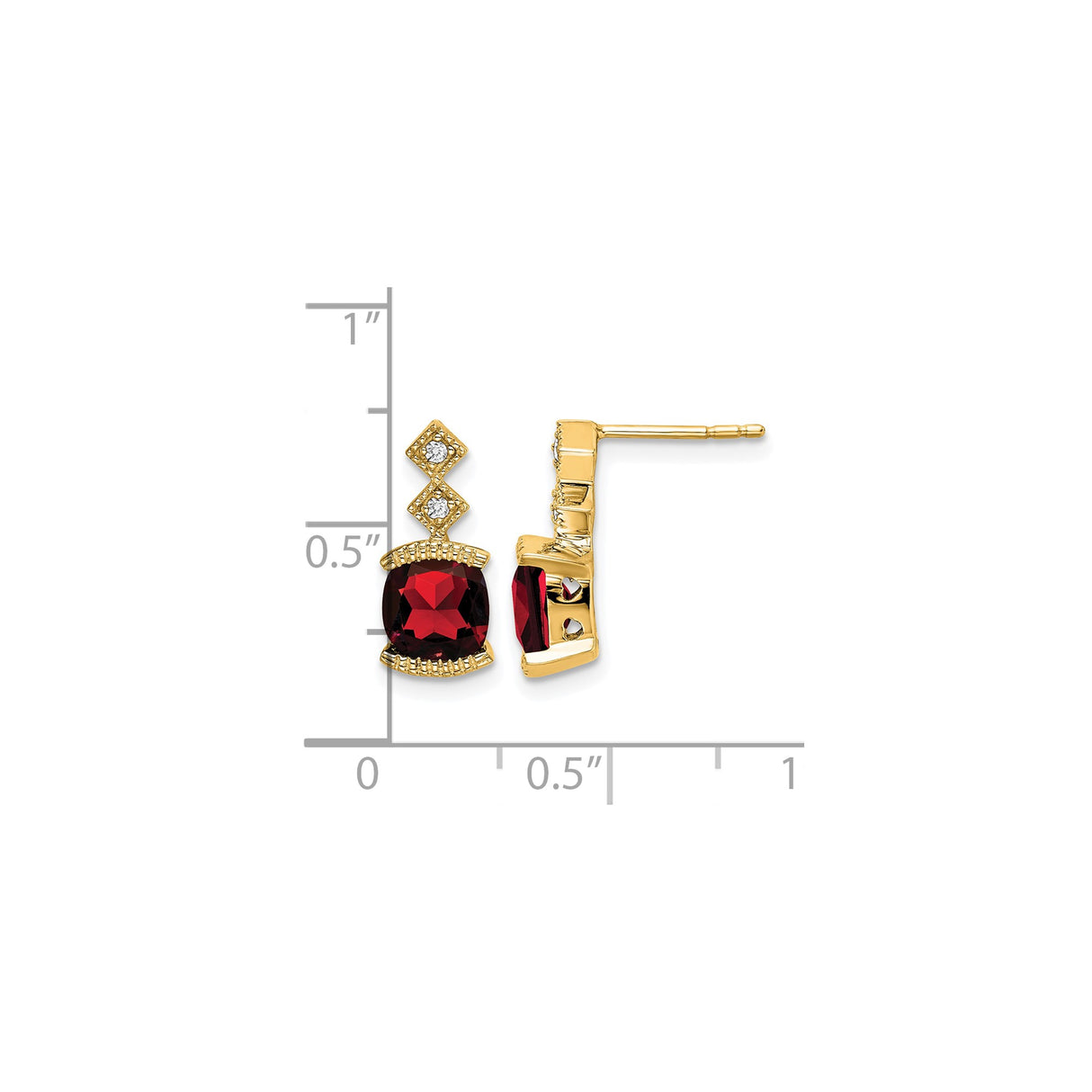 14k Yellow Gold Dangle Earrings with Cushion Cut Garnet and Diamond Accents