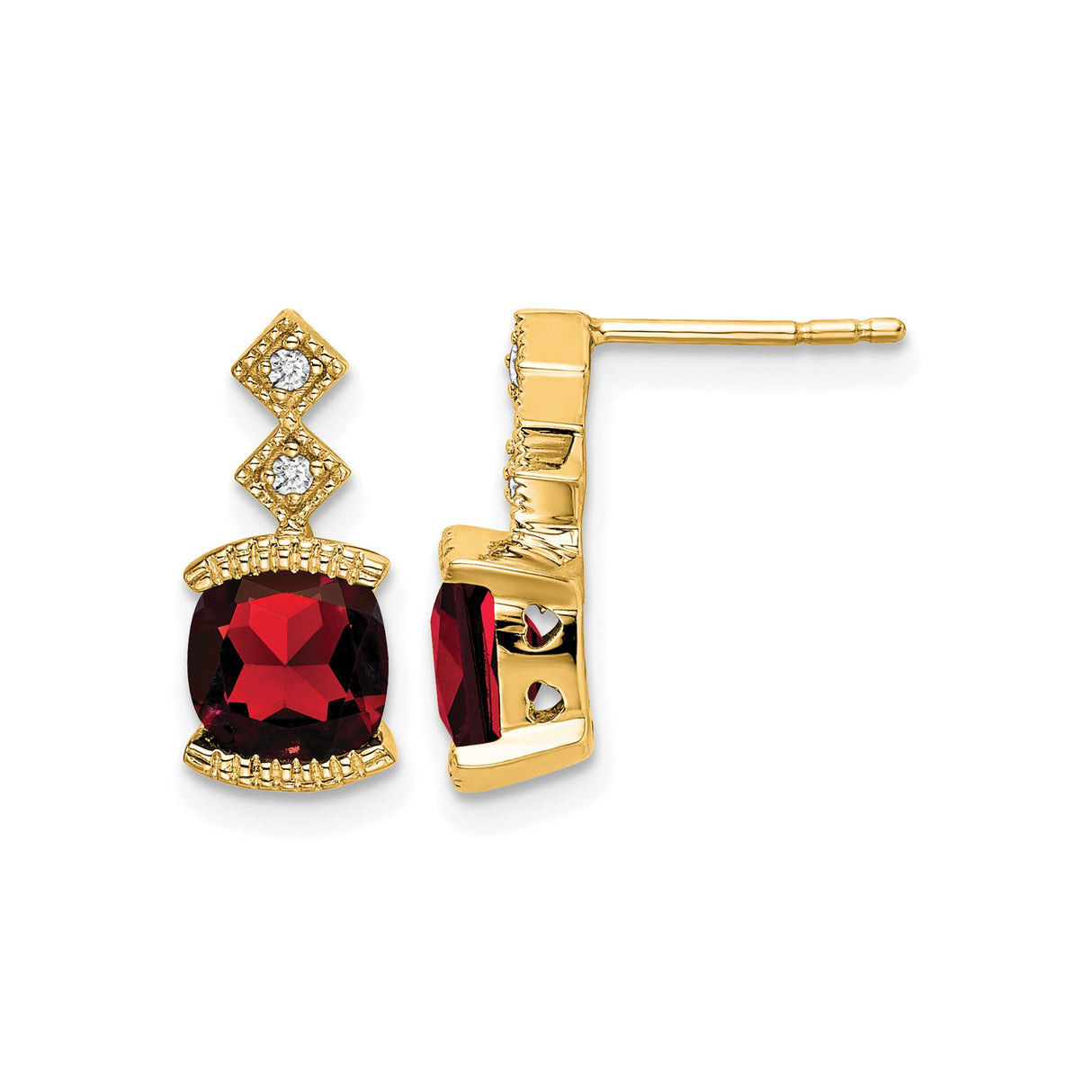 14k Yellow Gold Dangle Earrings with Cushion Cut Garnet and Diamond Accents