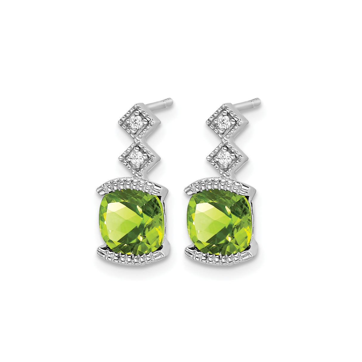 14k White Gold Dangle Earrings with Peridot and Diamond Accents, Geometric Modern Design
