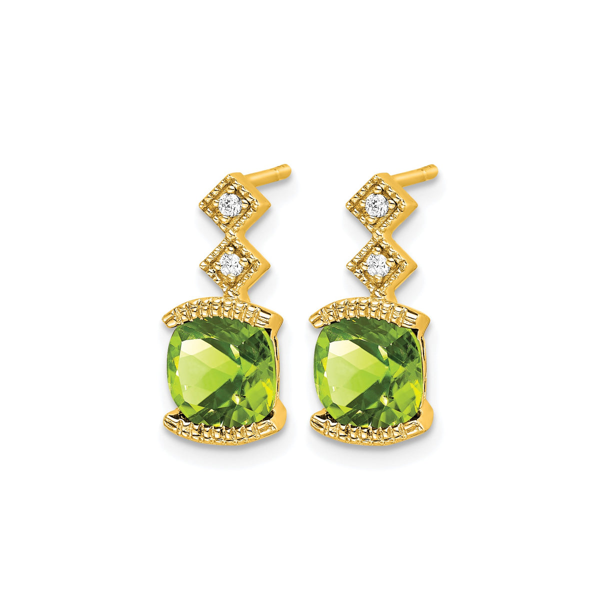 14k Yellow Gold Peridot Stud Earrings with Diamond Accents, Cushion Cut August Birthstone Jewelry