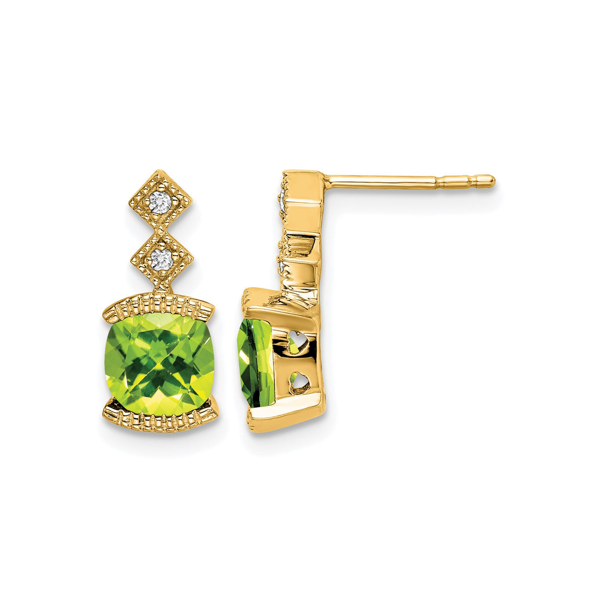 14k Yellow Gold Peridot Stud Earrings with Diamond Accents, Cushion Cut August Birthstone Jewelry