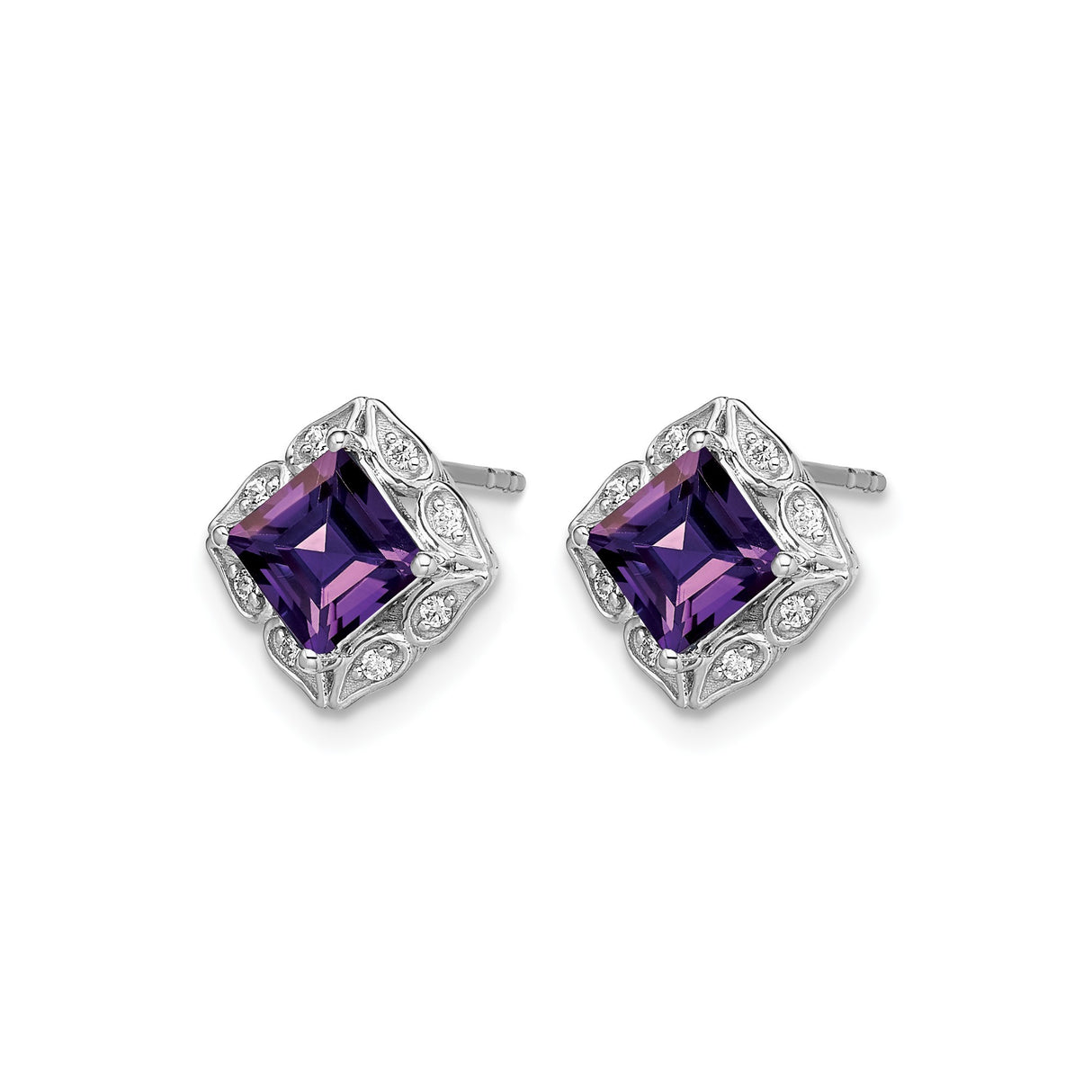 14k White Gold Stud Earrings with Amethyst and Diamond in Vintage Floral Filigree Setting