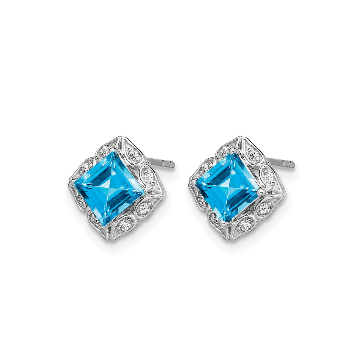 14k White Gold Stud Earrings with Swiss Blue Topaz and Diamond Accents, Vintage Filigree Design