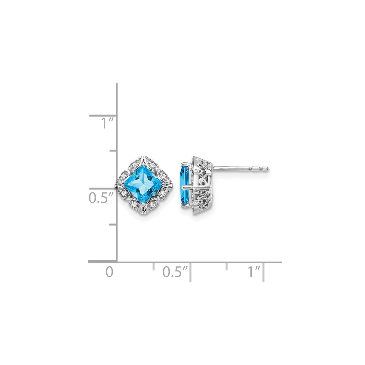 14k White Gold Stud Earrings with Swiss Blue Topaz and Diamond Accents, Vintage Filigree Design