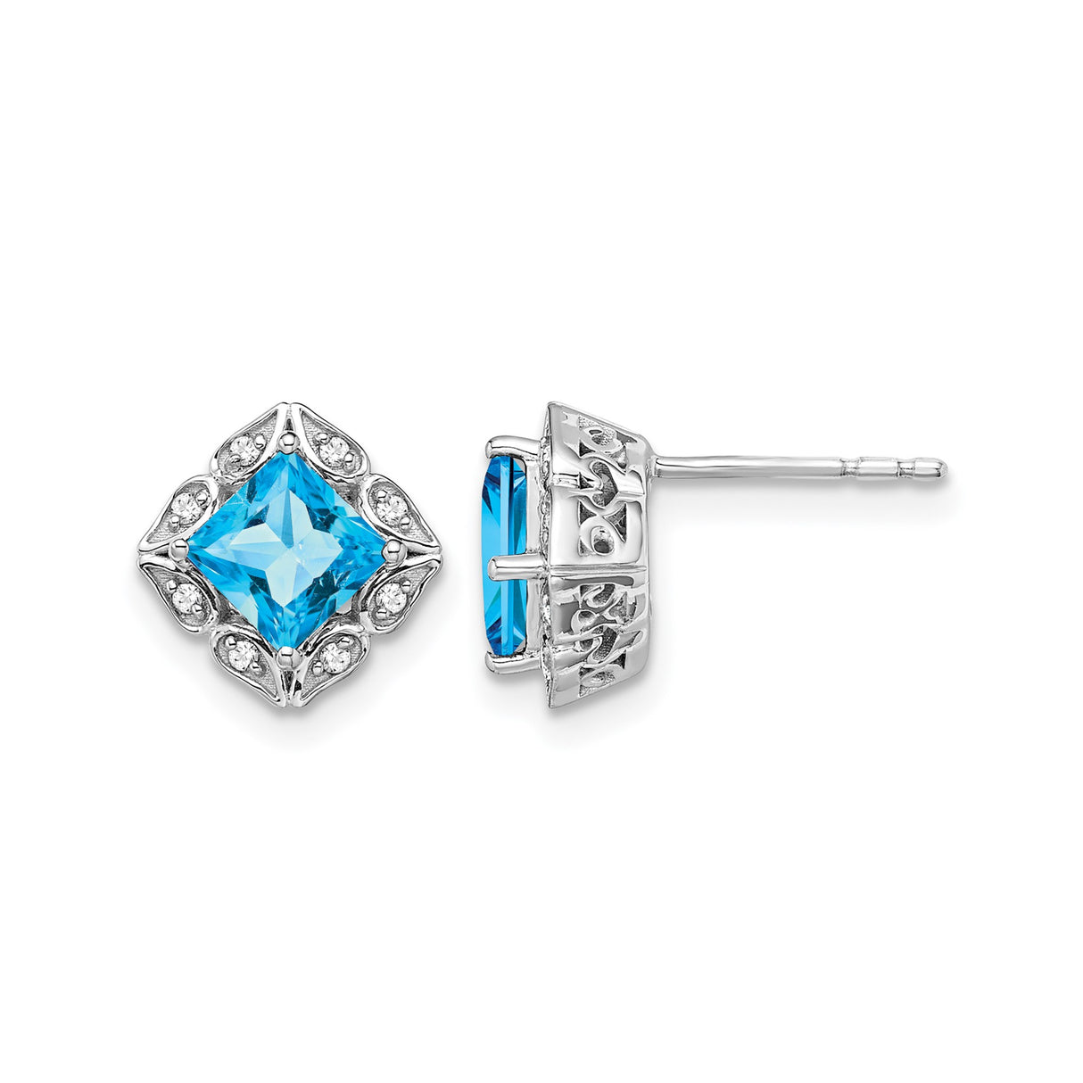 14k White Gold Stud Earrings with Swiss Blue Topaz and Diamond Accents, Vintage Filigree Design