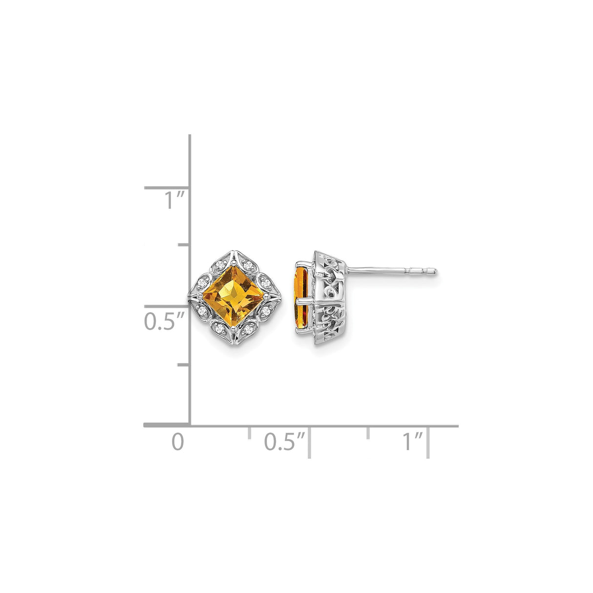 14k White Gold Citrine and Diamond Stud Earrings, Princess Cut, Floral Vintage Filigree Design