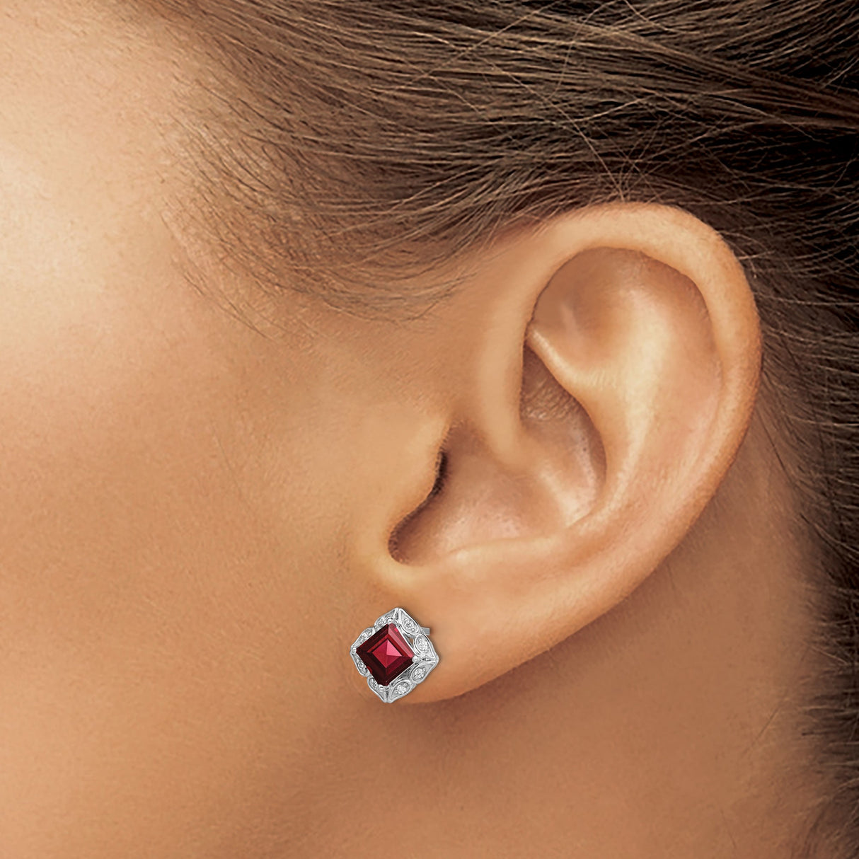 14k White Gold Garnet and Diamond Stud Earrings, Vintage Filigree Design for Women