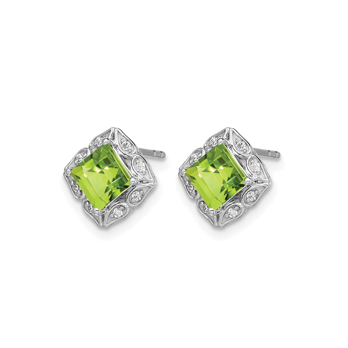 14k White Gold Peridot and Diamond Stud Earrings, Filigree Vintage Style
